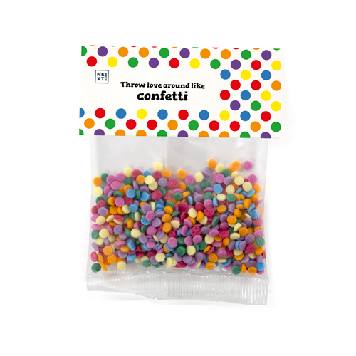 promotional rainbow confetti sugar sprinkles in a Pride branded header bag